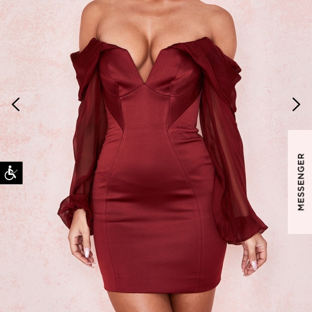 House of CB Olivia Wine Satin Off Shoulder Dress size Large off shoulder